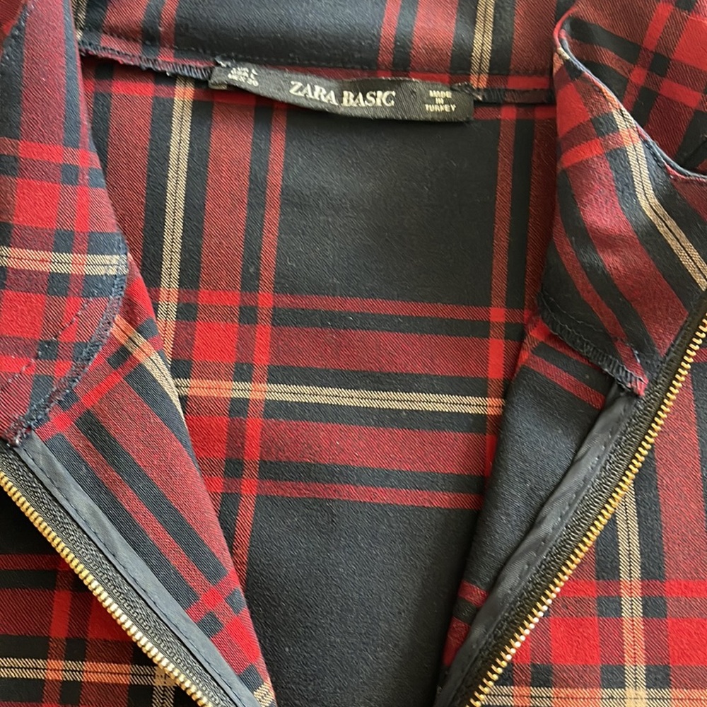 Zara plaid a-line dress with front pockets 3/4 sleeves exposed gold zipper - Picture 3 of 13